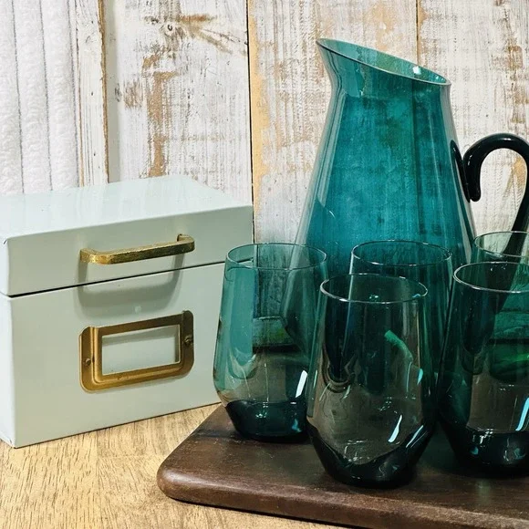 Kaj Franck Finland Teal Blue Glass Pitcher Nuutajarvi Iittala